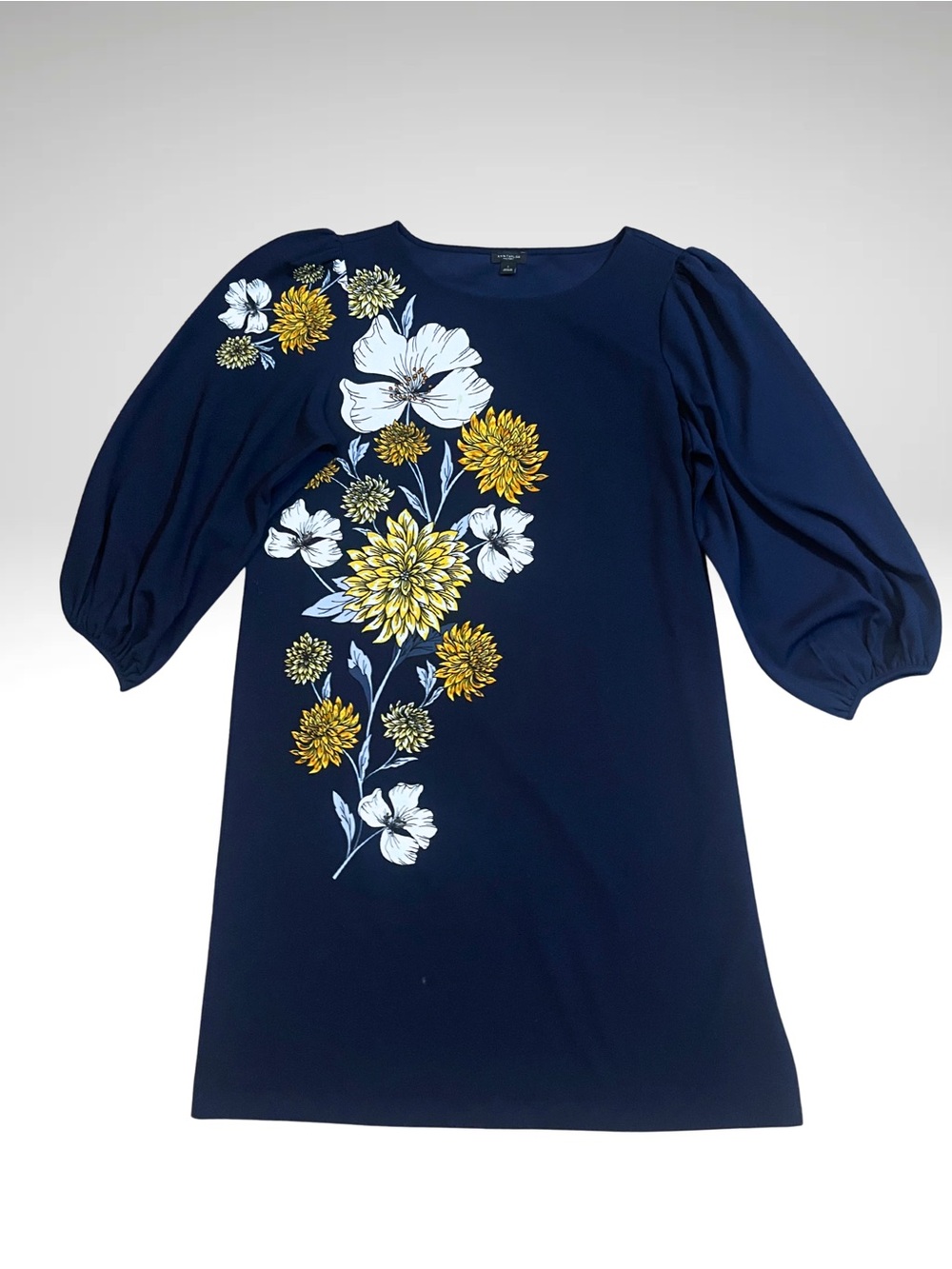 Navy Floral Shift Dress with Puff Sleeves